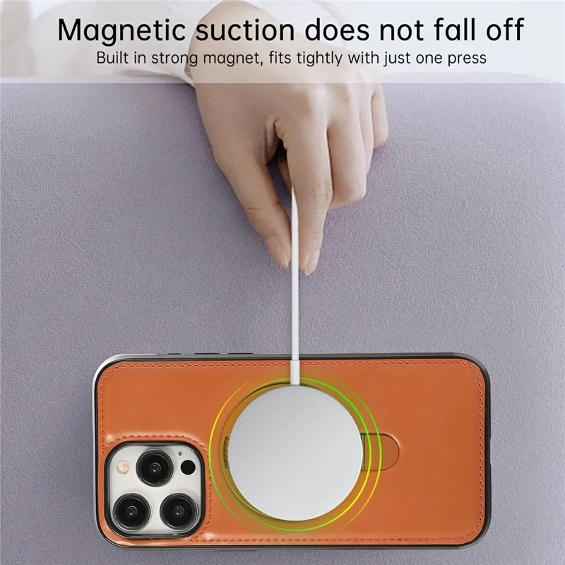 For iPhone 14 Pro Case Magnetic Kickstand PU Leather Coated PC + TPU Phone Cover - Brown