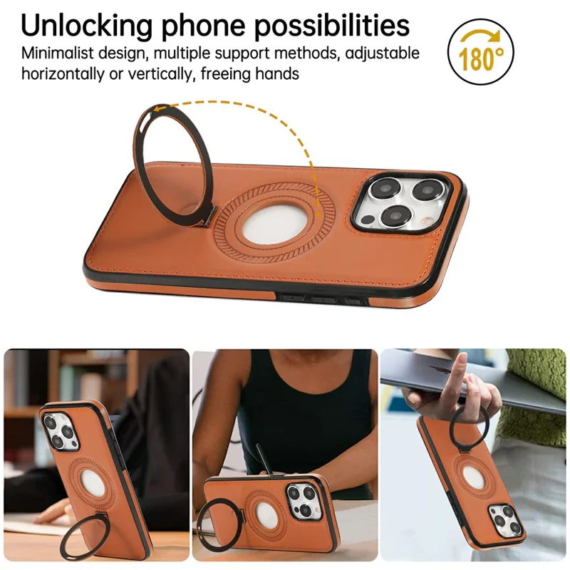 For iPhone 14 Pro Case Magnetic Kickstand PU Leather Coated PC + TPU Phone Cover - Brown