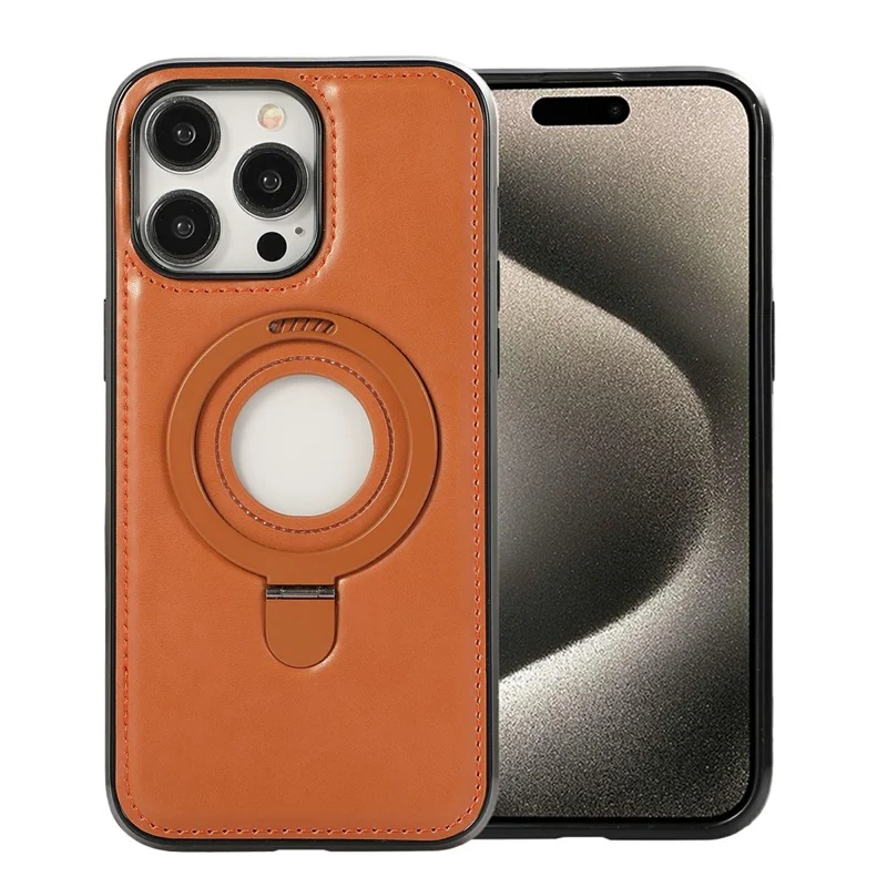 For iPhone 14 Pro Case Magnetic Kickstand PU Leather Coated PC + TPU Phone Cover - Brown