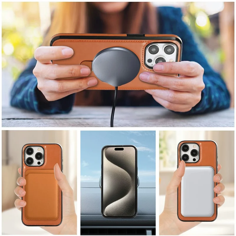 For iPhone 14 Pro Case Magnetic Kickstand PU Leather Coated PC + TPU Phone Cover - Brown