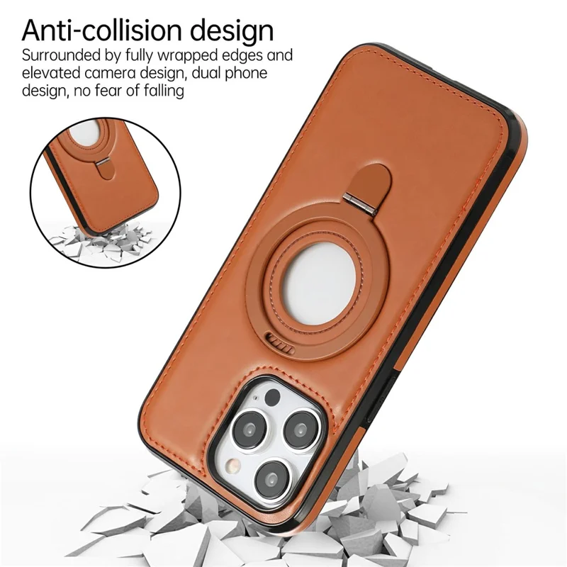 For iPhone 14 Pro Case Magnetic Kickstand PU Leather Coated PC + TPU Phone Cover - Brown