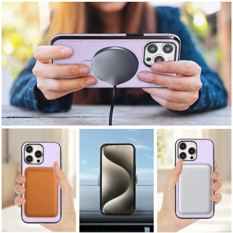For iPhone 13 Pro Max Case Magnetic Kickstand PU Leather Coated PC + TPU Phone Cover - Purple