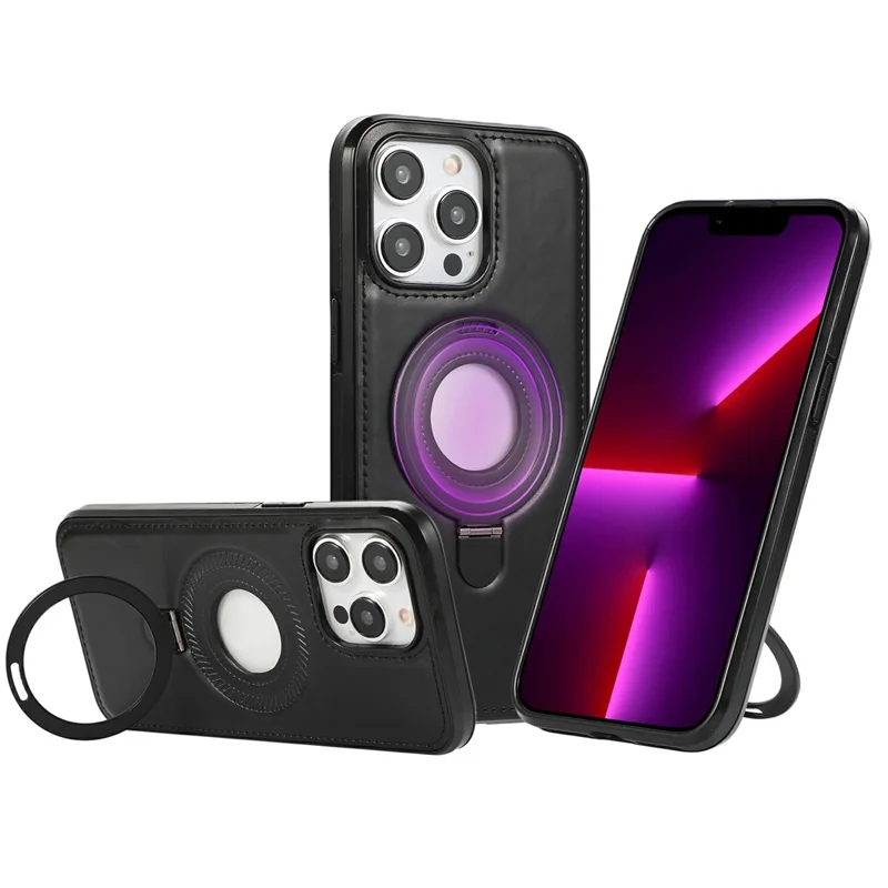 For iPhone 13 Pro Case Magnetic Kickstand PU Leather Coated PC + TPU Phone Cover - Black