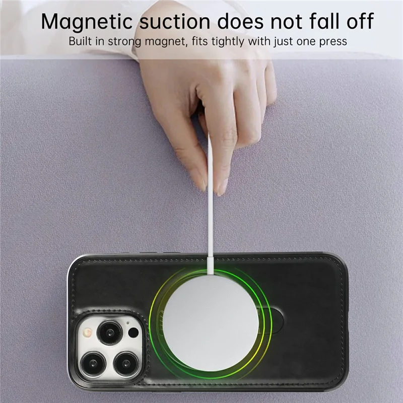 For iPhone 13 Pro Case Magnetic Kickstand PU Leather Coated PC + TPU Phone Cover - Black