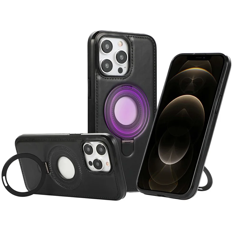 For iPhone 12 Pro Max Case Magnetic Kickstand PU Leather Coated PC + TPU Phone Cover - Black