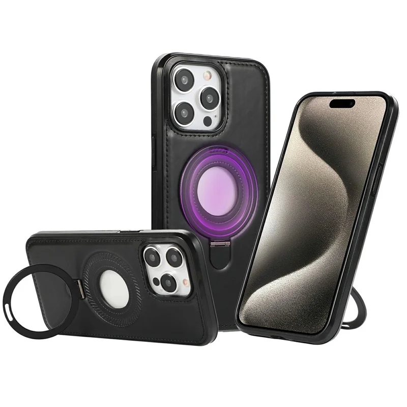 For iPhone 15 Pro Case Magnetic Kickstand PU Leather Coated PC + TPU Phone Cover - Black