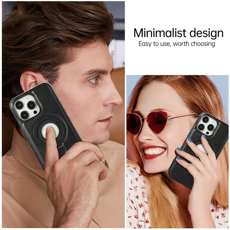 For iPhone 15 Pro Case Magnetic Kickstand PU Leather Coated PC + TPU Phone Cover - Black