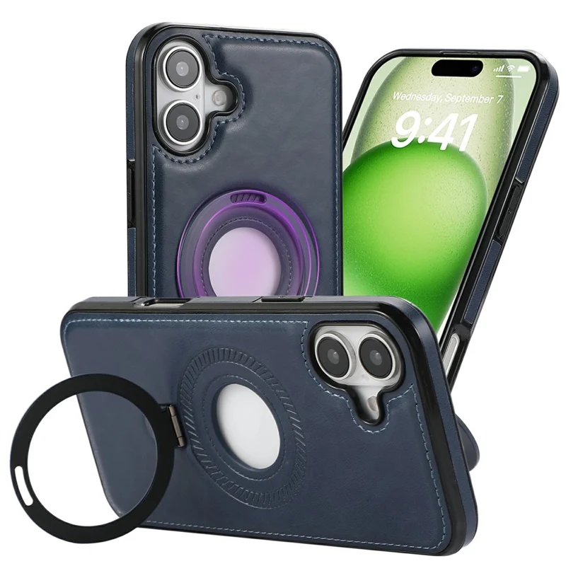 For iPhone 16 Case Magnetic Kickstand PU Leather Coated PC + TPU Phone Cover - Blue