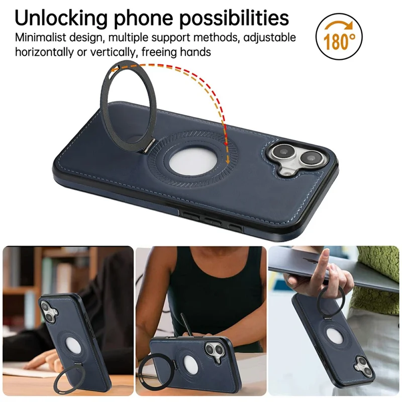 For iPhone 16 Case Magnetic Kickstand PU Leather Coated PC + TPU Phone Cover - Blue