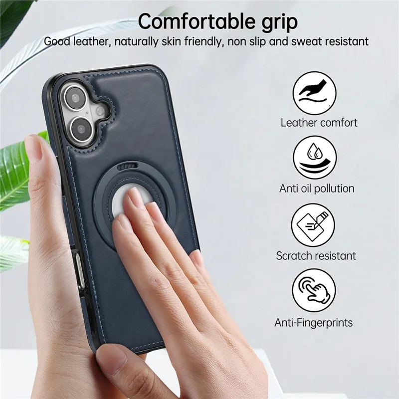 For iPhone 16 Case Magnetic Kickstand PU Leather Coated PC + TPU Phone Cover - Blue