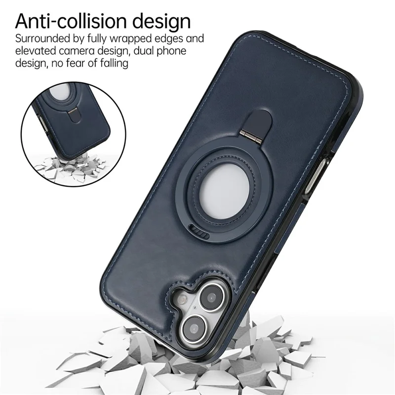 For iPhone 16 Case Magnetic Kickstand PU Leather Coated PC + TPU Phone Cover - Blue