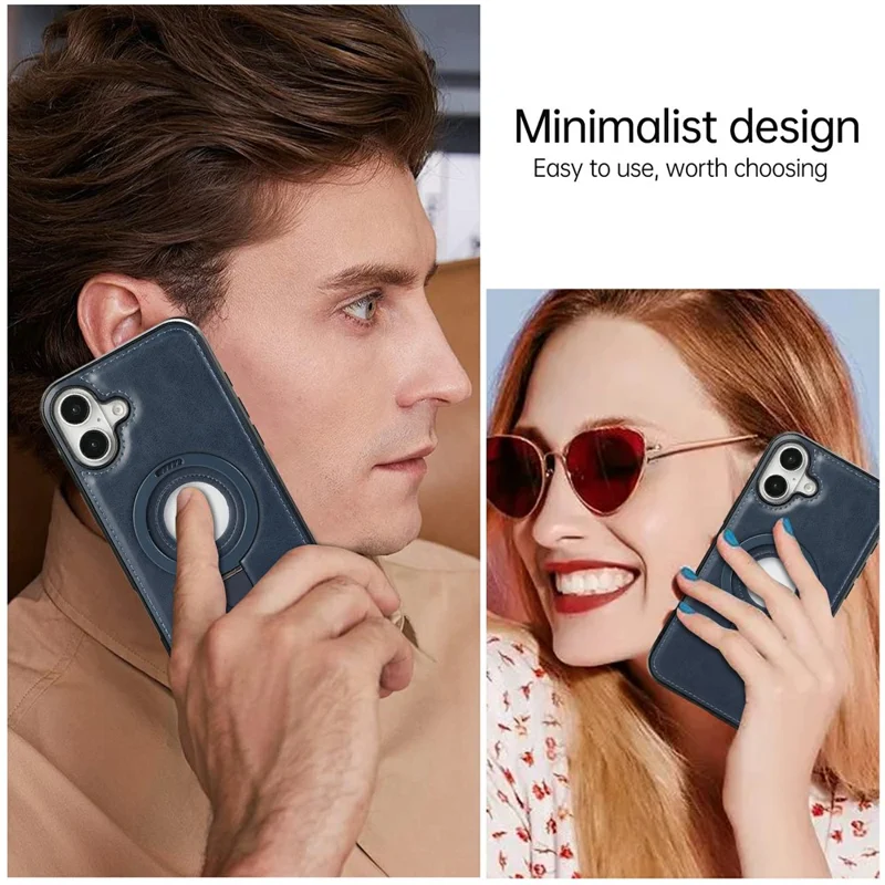 For iPhone 16 Case Magnetic Kickstand PU Leather Coated PC + TPU Phone Cover - Blue