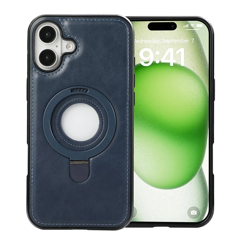 For iPhone 16 Case Magnetic Kickstand PU Leather Coated PC + TPU Phone Cover - Blue
