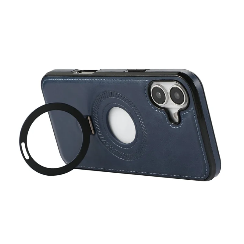 For iPhone 16 Case Magnetic Kickstand PU Leather Coated PC + TPU Phone Cover - Blue