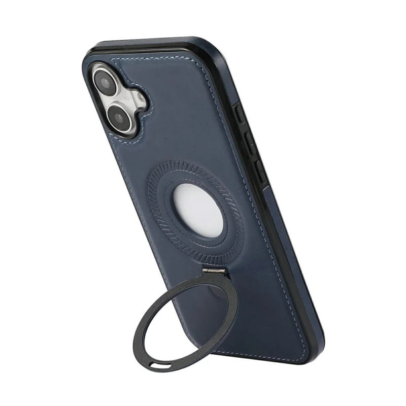 For iPhone 16 Case Magnetic Kickstand PU Leather Coated PC + TPU Phone Cover - Blue