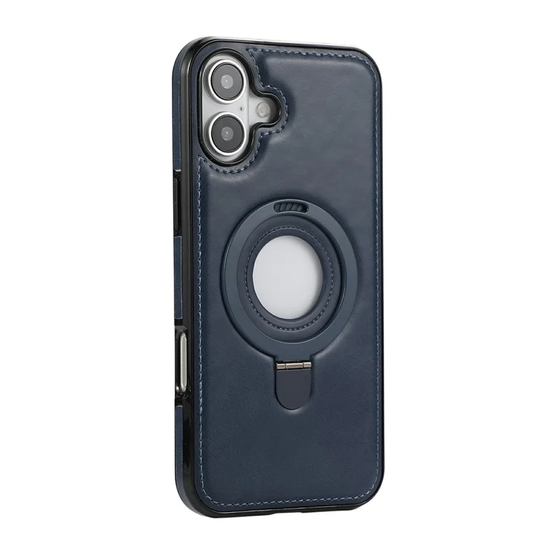 For iPhone 16 Case Magnetic Kickstand PU Leather Coated PC + TPU Phone Cover - Blue