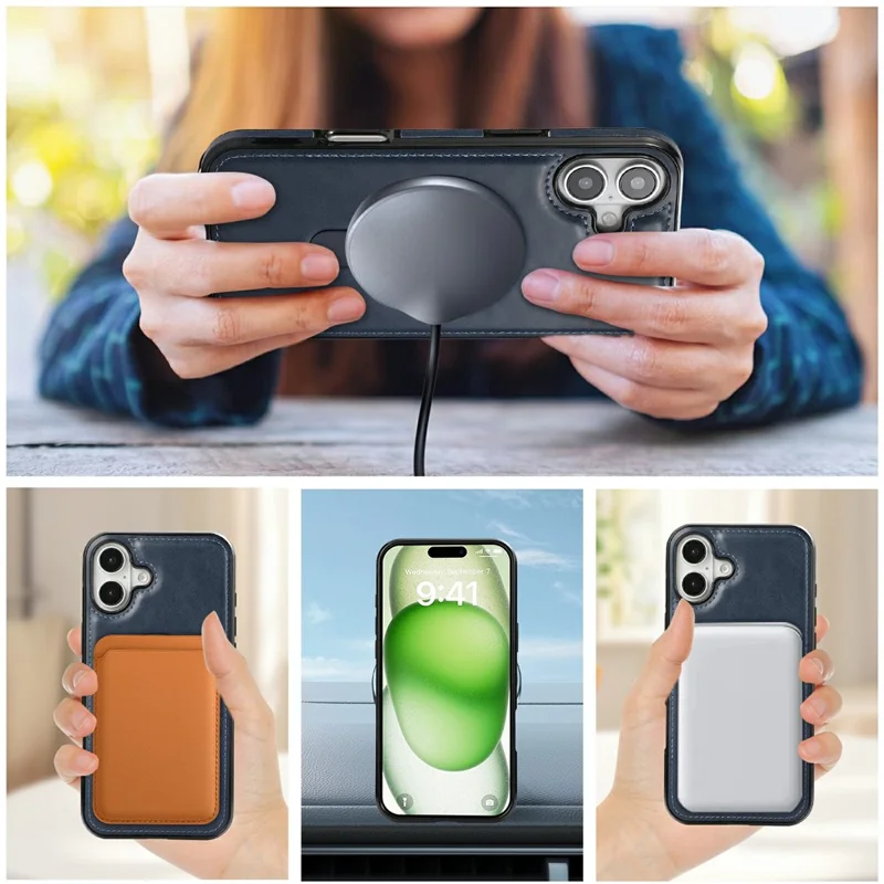 For iPhone 16 Case Magnetic Kickstand PU Leather Coated PC + TPU Phone Cover - Blue