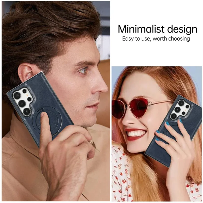 Étui pour Samsung Galaxy S24 Ultra avec Support Magnétique et Cuir PU Recouvert de PC + TPU - Bleu