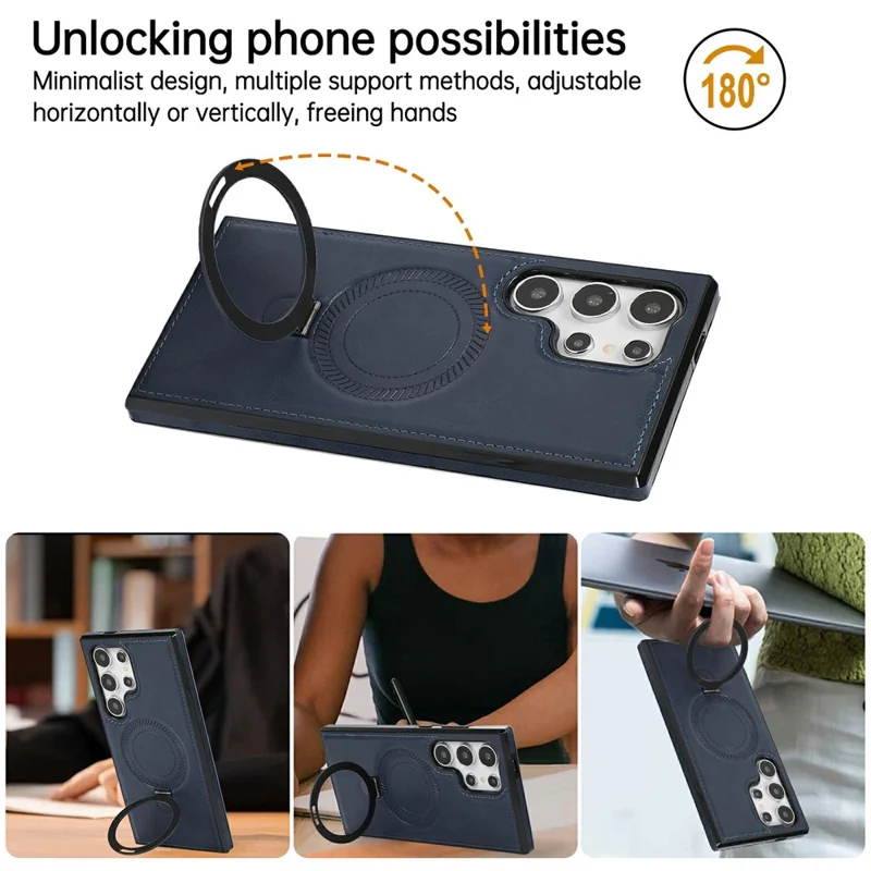 Étui pour Samsung Galaxy S24 Ultra avec Support Magnétique et Cuir PU Recouvert de PC + TPU - Bleu