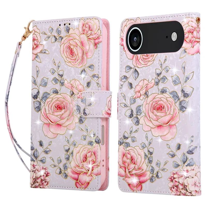 For iPhone 17 Air Case RFID Blocking Flower Leather Phone Cover with Wrist Strap - Rose Flower