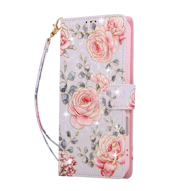 For iPhone 17 Air Case RFID Blocking Flower Leather Phone Cover with Wrist Strap - Rose Flower