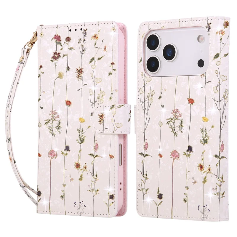 Capa para iPhone 17 Pro com Bloqueio RFID, Couro com Flor e Alça de Pulso - Flor Pequena