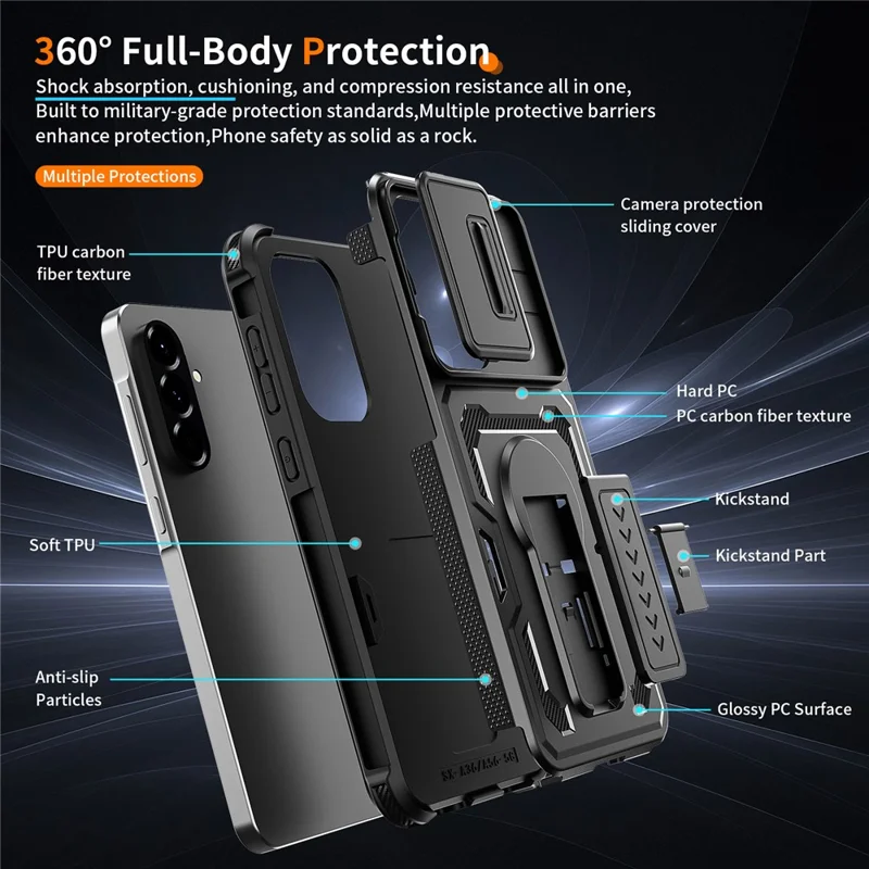 Für Samsung Galaxy A36 5G / A56 5G Hülle Schiebe-Linsen-Schild PC + TPU-Ständer Handyhülle - Schwarz