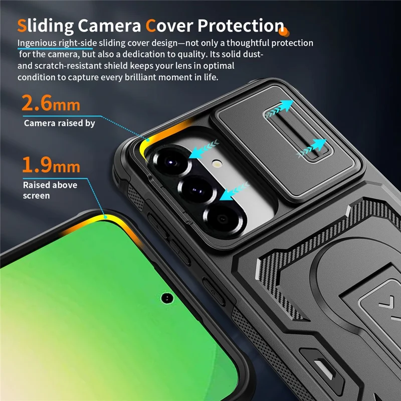 Für Samsung Galaxy A36 5G / A56 5G Hülle Schiebe-Linsen-Schild PC + TPU-Ständer Handyhülle - Schwarz