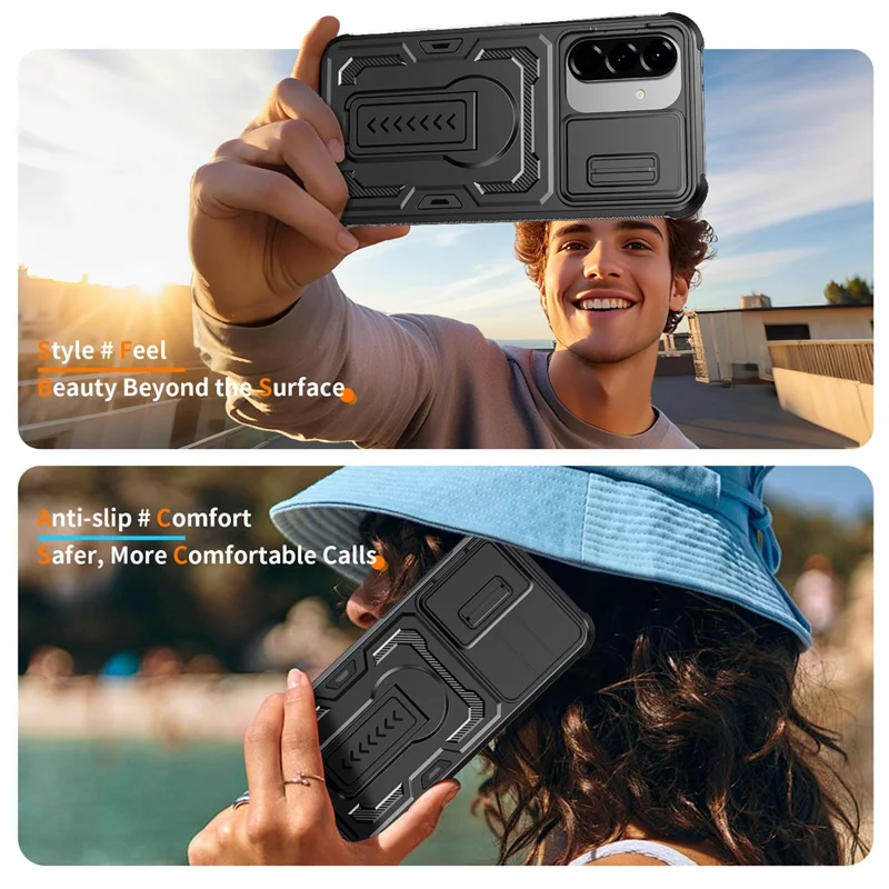 Für Samsung Galaxy A36 5G / A56 5G Hülle Schiebe-Linsen-Schild PC + TPU-Ständer Handyhülle - Schwarz
