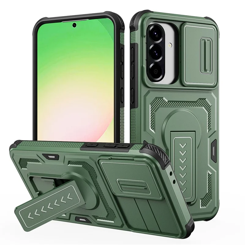 For Samsung Galaxy A36 5G / A56 5G Case Slide Lens Shield PC + TPU Kickstand Phone Cover - Green