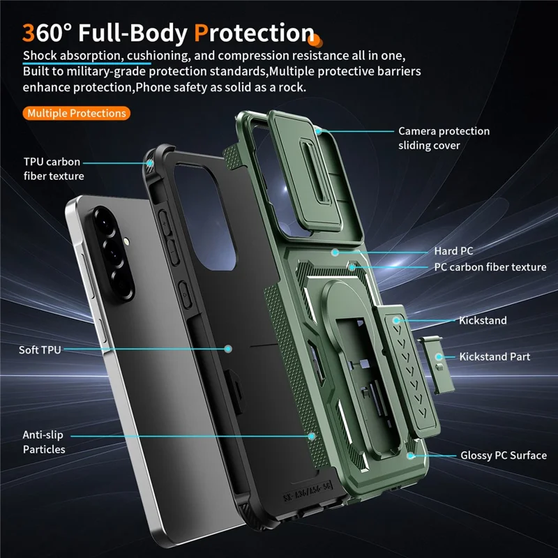 For Samsung Galaxy A36 5G / A56 5G Case Slide Lens Shield PC + TPU Kickstand Phone Cover - Green