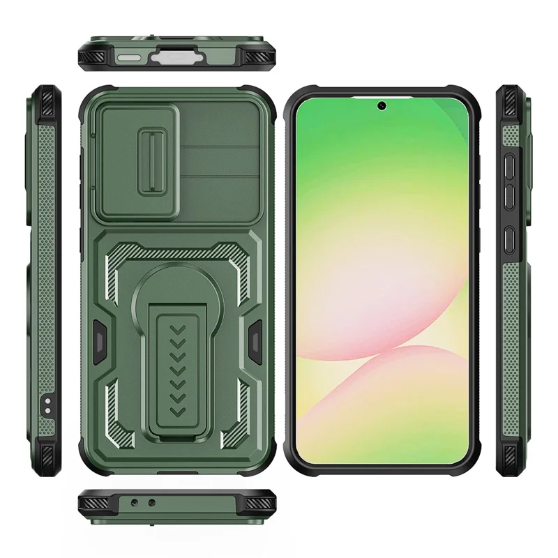 For Samsung Galaxy A36 5G / A56 5G Case Slide Lens Shield PC + TPU Kickstand Phone Cover - Green