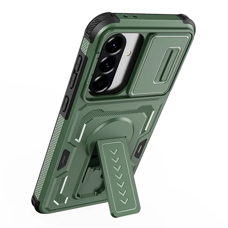 For Samsung Galaxy A36 5G / A56 5G Case Slide Lens Shield PC + TPU Kickstand Phone Cover - Green