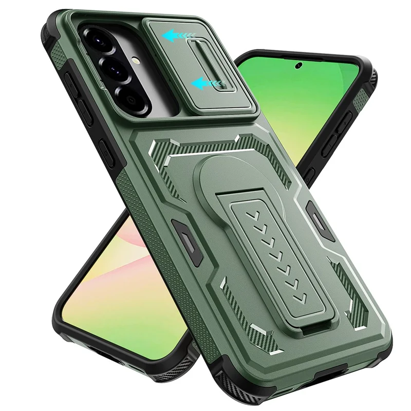 For Samsung Galaxy A36 5G / A56 5G Case Slide Lens Shield PC + TPU Kickstand Phone Cover - Green