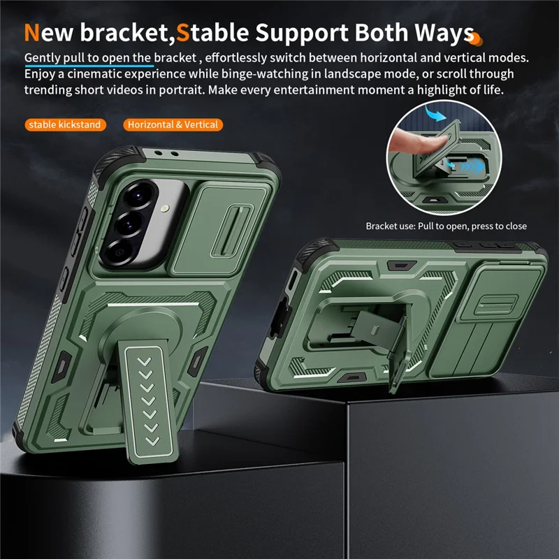 For Samsung Galaxy A36 5G / A56 5G Case Slide Lens Shield PC + TPU Kickstand Phone Cover - Green