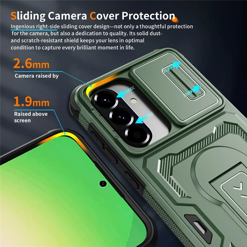 For Samsung Galaxy A36 5G / A56 5G Case Slide Lens Shield PC + TPU Kickstand Phone Cover - Green