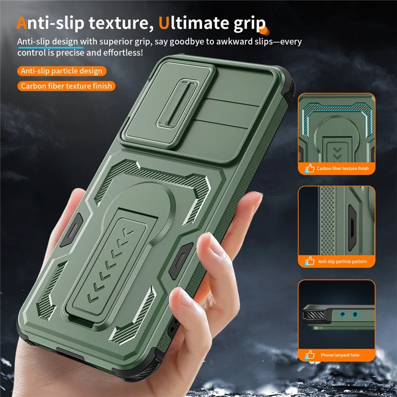 For Samsung Galaxy A36 5G / A56 5G Case Slide Lens Shield PC + TPU Kickstand Phone Cover - Green