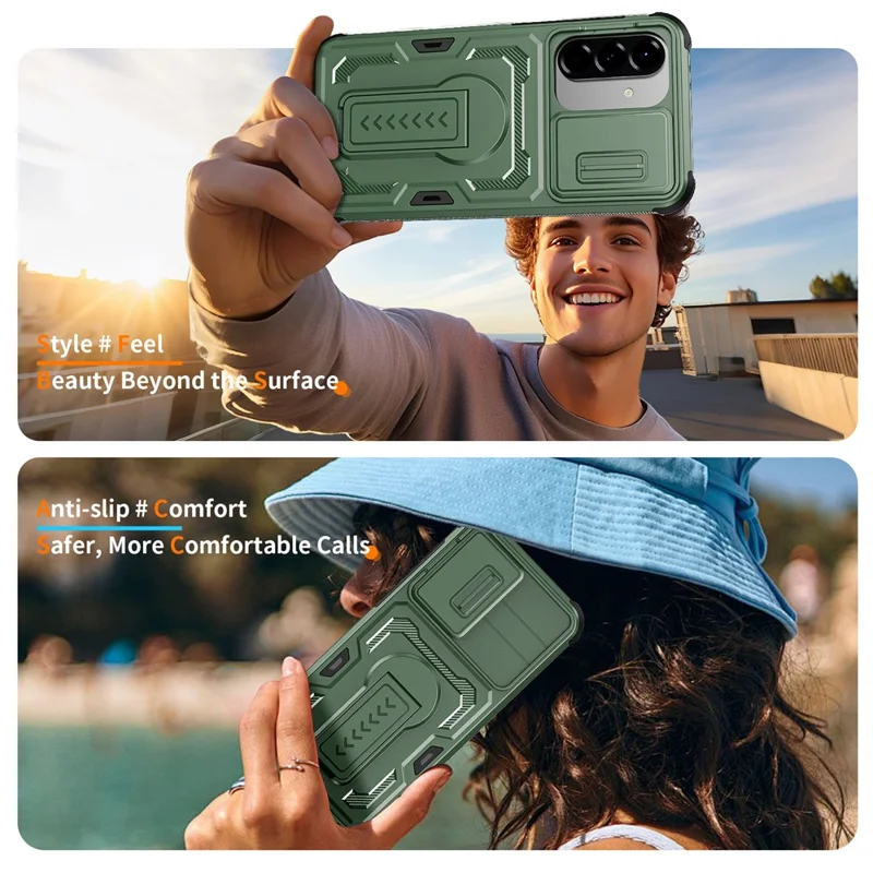 For Samsung Galaxy A36 5G / A56 5G Case Slide Lens Shield PC + TPU Kickstand Phone Cover - Green
