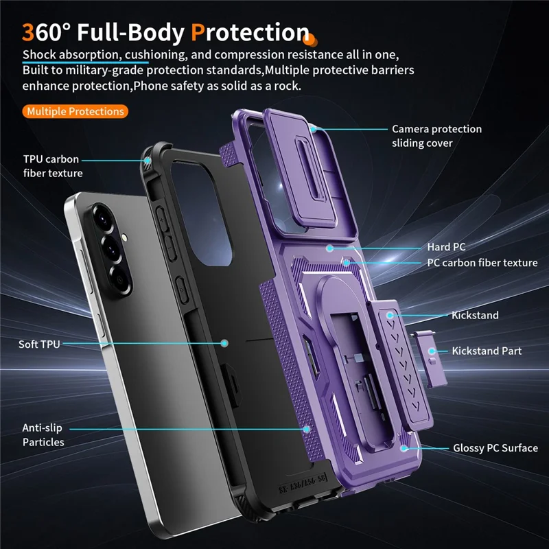 For Samsung Galaxy A36 5G / A56 5G Case Slide Lens Shield PC + TPU Kickstand Phone Cover - Purple