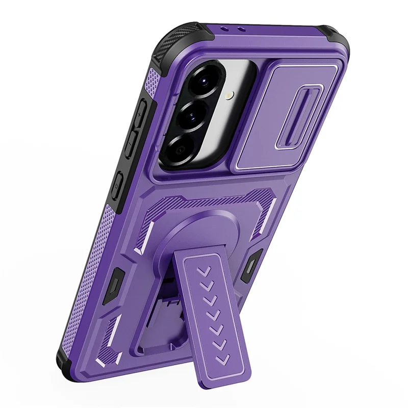 For Samsung Galaxy A36 5G / A56 5G Case Slide Lens Shield PC + TPU Kickstand Phone Cover - Purple