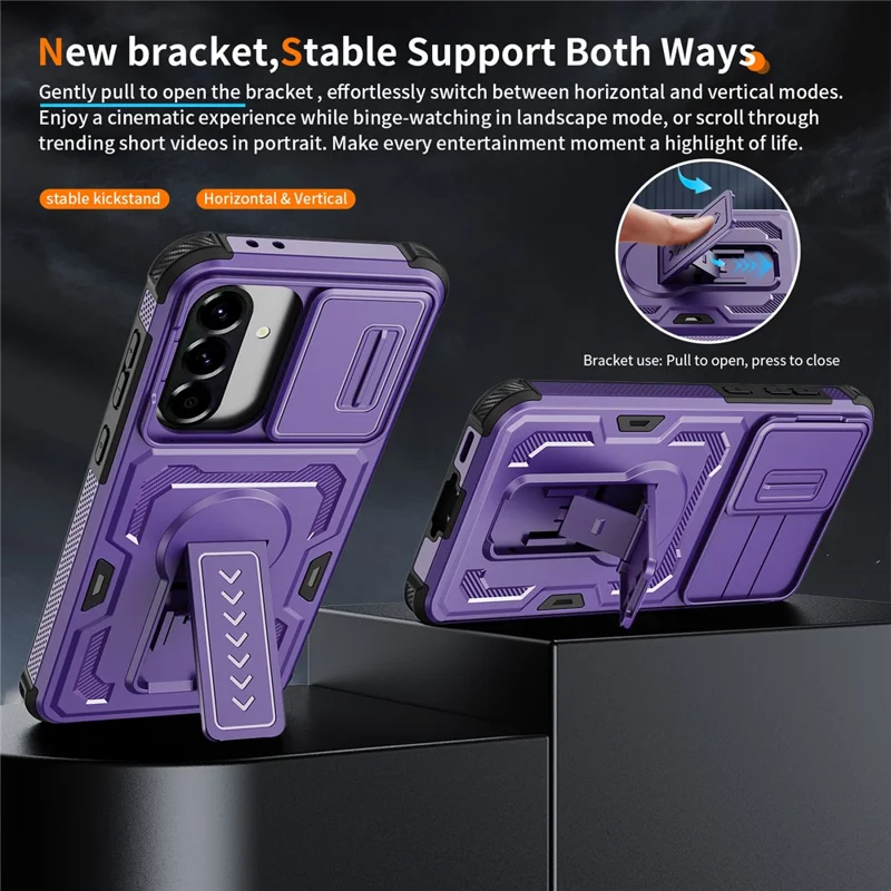 For Samsung Galaxy A36 5G / A56 5G Case Slide Lens Shield PC + TPU Kickstand Phone Cover - Purple
