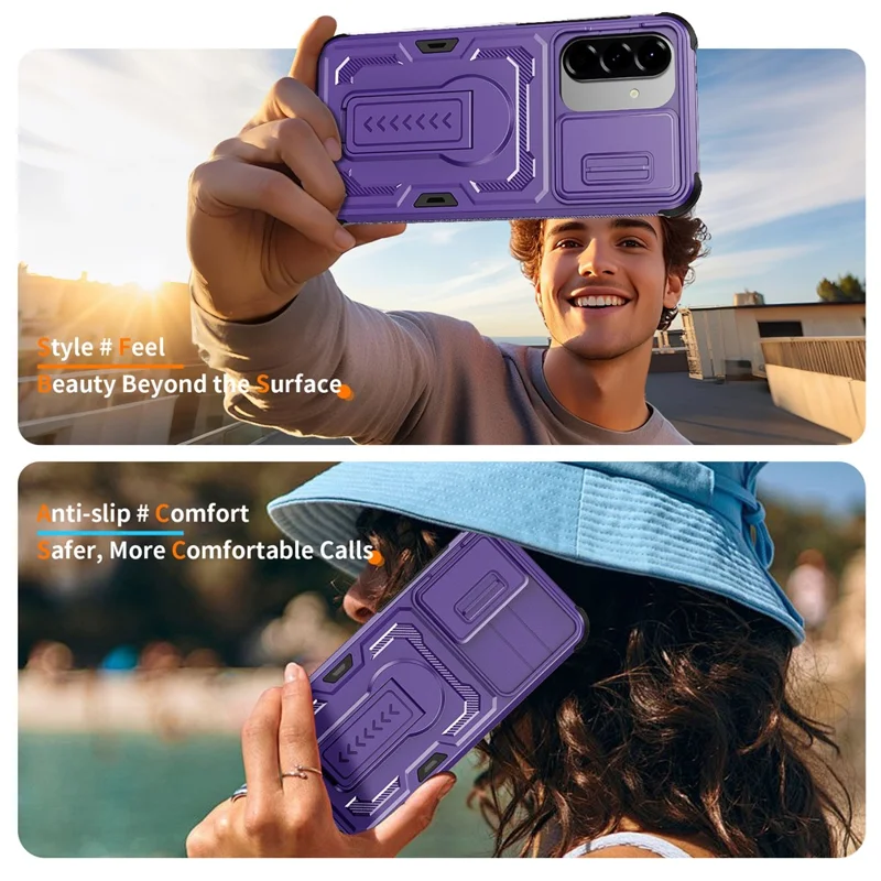 For Samsung Galaxy A36 5G / A56 5G Case Slide Lens Shield PC + TPU Kickstand Phone Cover - Purple