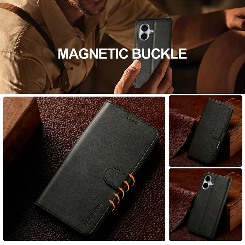 LC.IMEEKE For iPhone 17 Case Calf Texture PU Leather Stand Wallet Phone Cover - Black