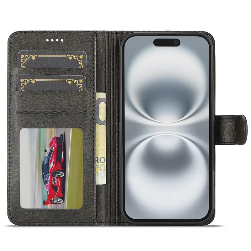 LC.IMEEKE For iPhone 17 Case Calf Texture PU Leather Stand Wallet Phone Cover - Black