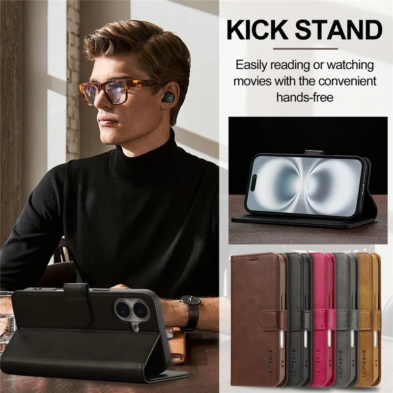 LC.IMEEKE For iPhone 17 Case Calf Texture PU Leather Stand Wallet Phone Cover - Black