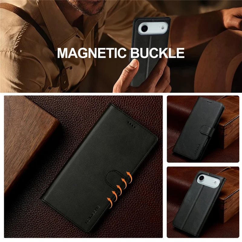 LC.IMEEKE For iPhone 17 Air Case Calf Texture PU Leather Stand Wallet Phone Cover - Black