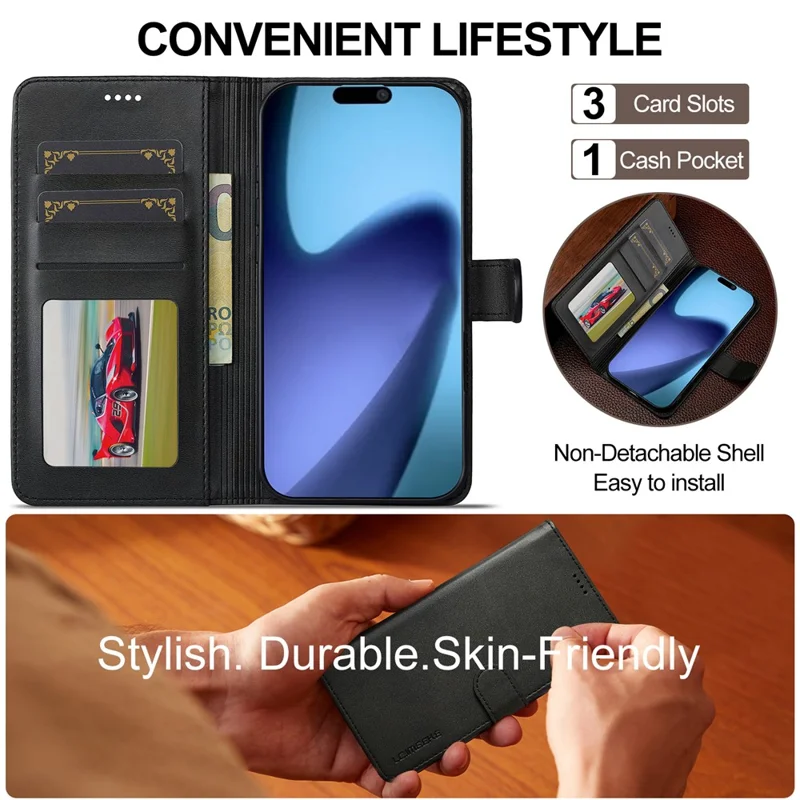 LC.IMEEKE For iPhone 17 Air Case Calf Texture PU Leather Stand Wallet Phone Cover - Black