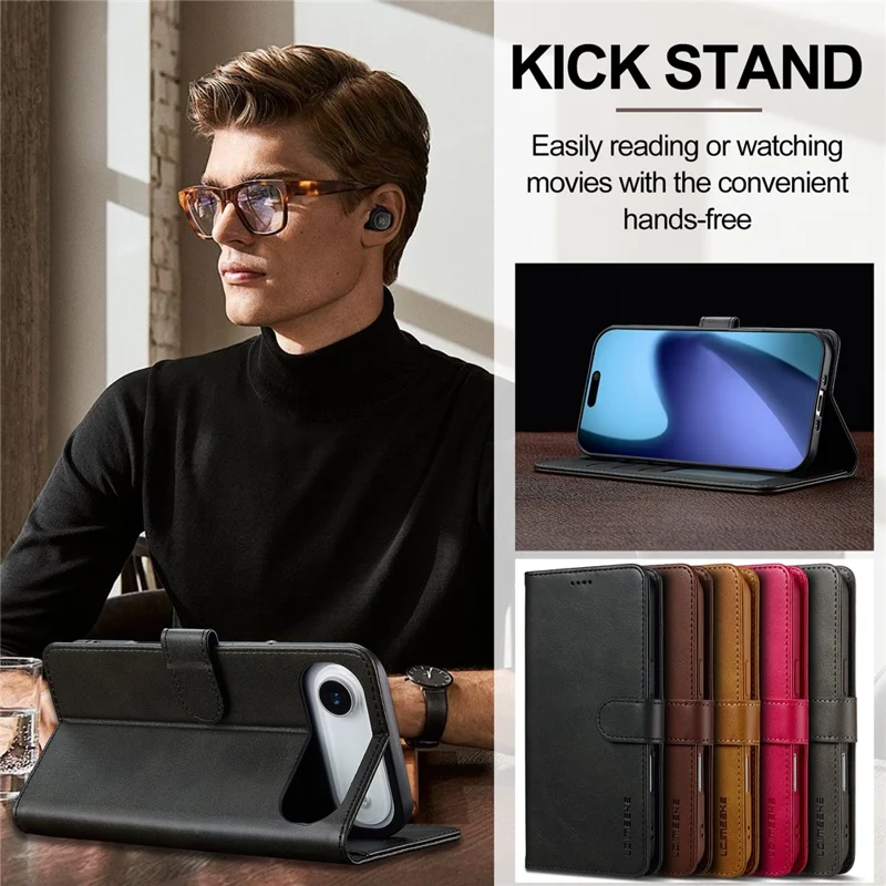 LC.IMEEKE For iPhone 17 Air Case Calf Texture PU Leather Stand Wallet Phone Cover - Black