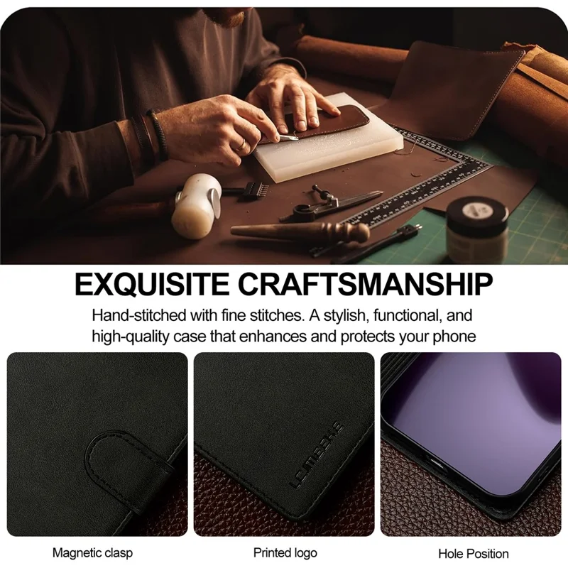 LC.IMEEKE For iPhone 17 Pro Case Calf Texture PU Leather Stand Wallet Phone Cover - Black