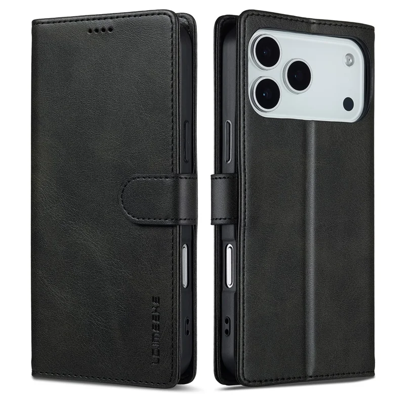 LC.IMEEKE For iPhone 17 Pro Max Case Calf Texture PU Leather Stand Wallet Phone Cover - Black